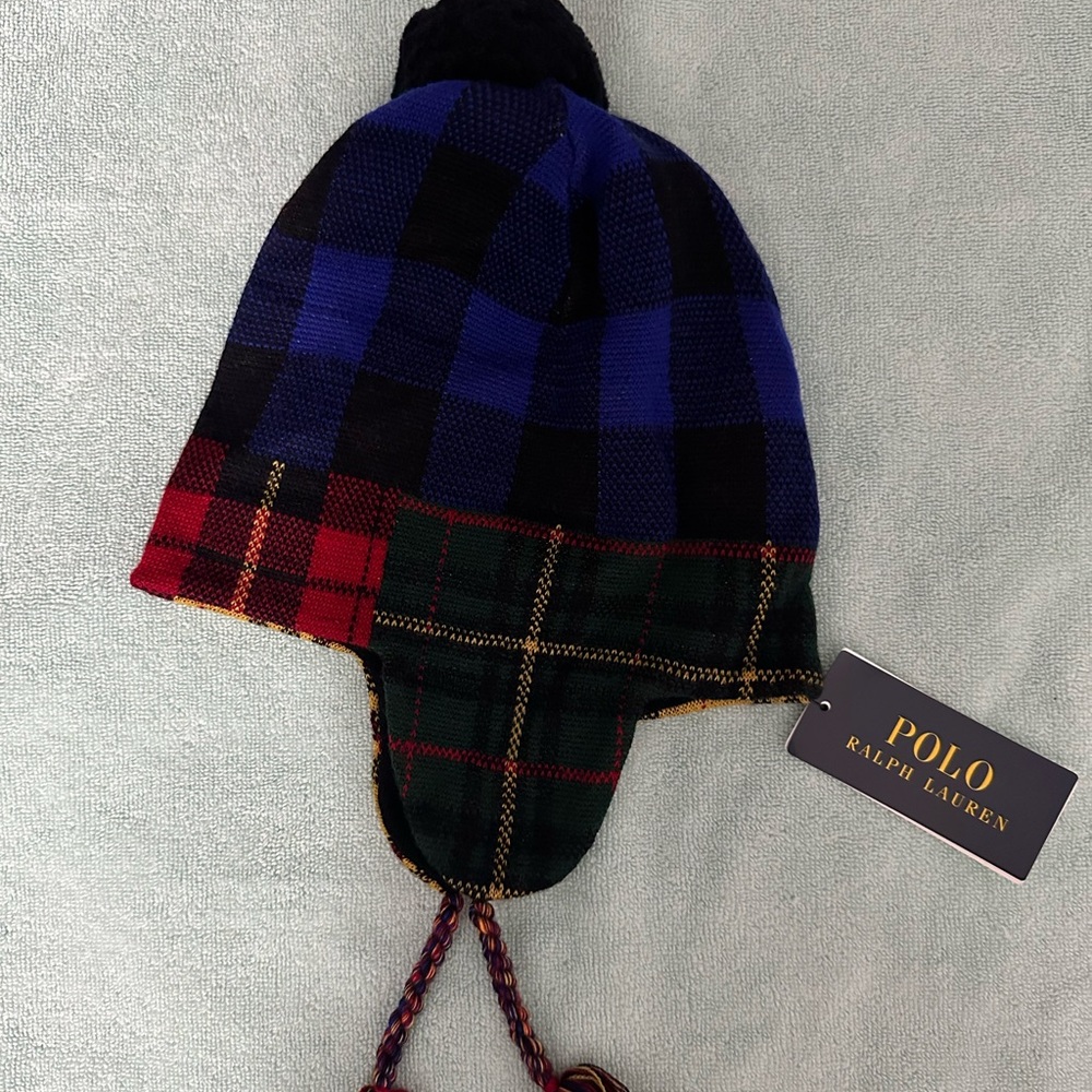 Polo Ralph Lauren Girls Wool Mix Plaid Pom Pom Trapper Hat, Size 4-6X NWT